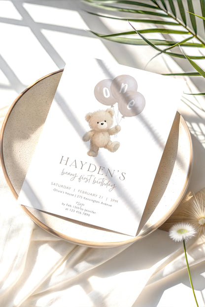 1st birthday, teddy bear, neutral and one year 1st birthday neutral invite for a personalized celebration