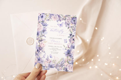 1st birthday, our little butterfly, floral and pink butterfly 1st birthday invite for a personalized celebration