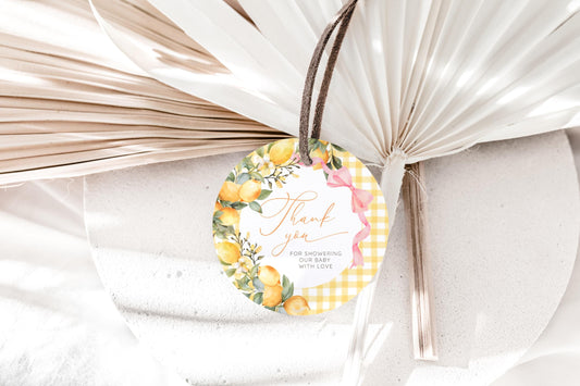 citrus, lemon, pink bow and summer shower baby shower favor tag template for printable party favors