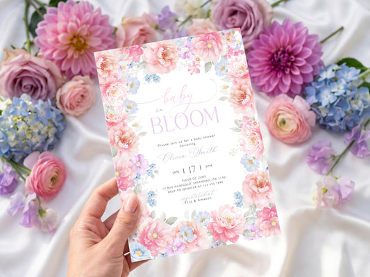 Pink wildflower baby shower invite with soft floral design