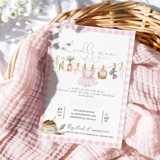 Farmers Market Baby Shower Invitation for baby shower guests and party details