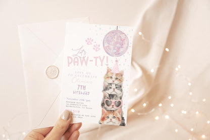 Invitation - Kitty Pawty Birthday, editable Canva template