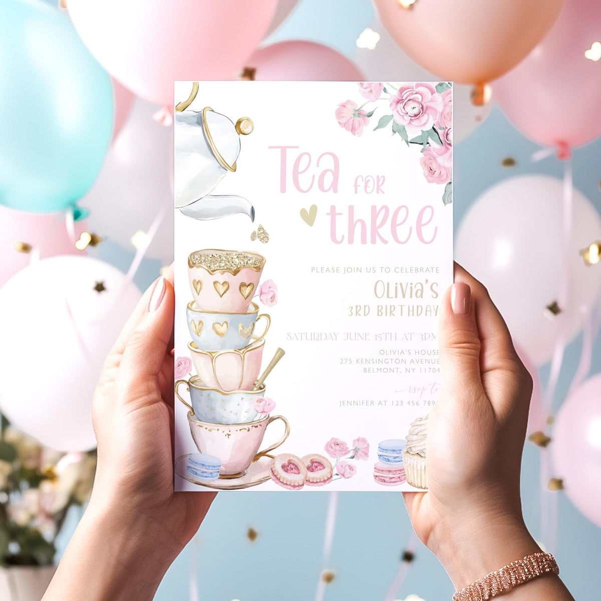 third birthday, tea for three, fairy tea party, whimsical tea party and princess tea party birthday invite for a personalized celebration