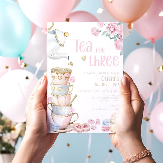 third birthday, tea for three, fairy tea party, whimsical tea party and princess tea party birthday invite for a personalized celebration