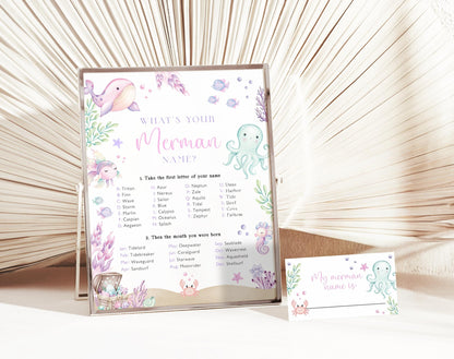 Mermaid Birthday Name Game Sign & Cards, editable Canva template
