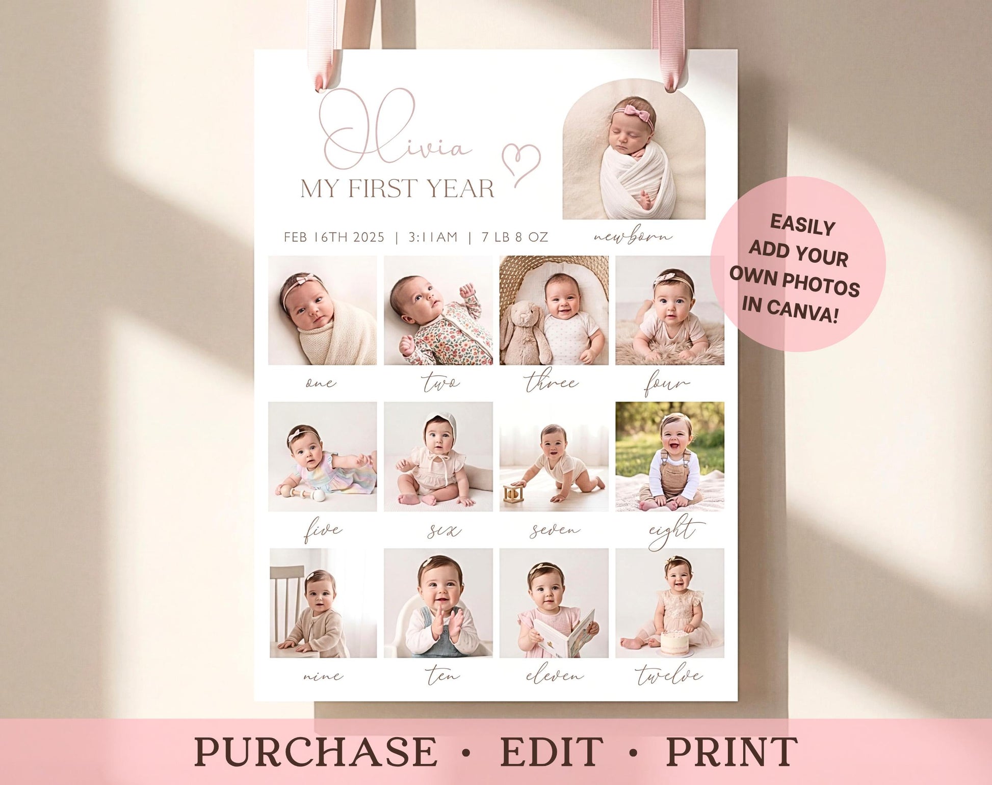 one year milestone board template for a personalized 1st birthday