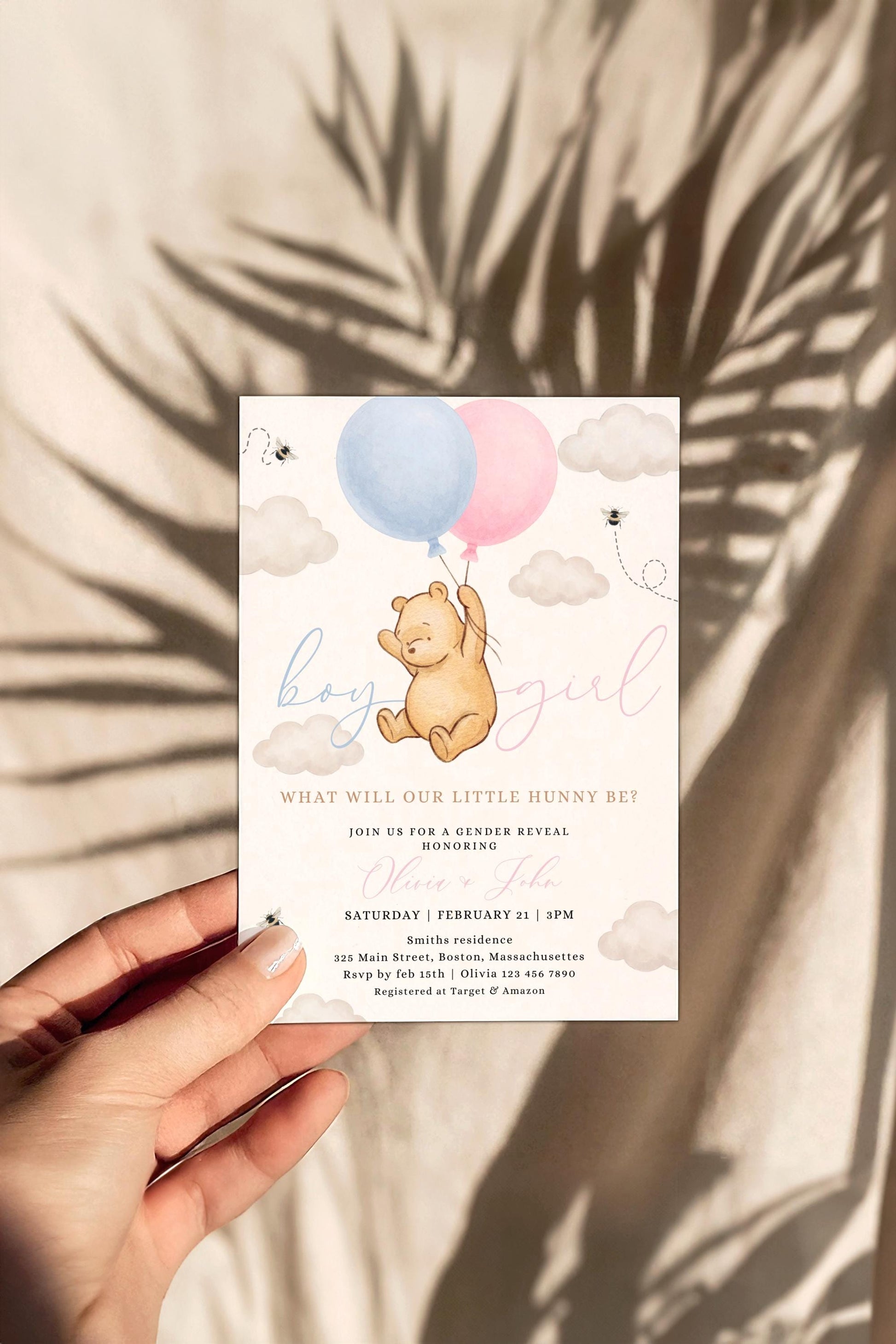 blue and pink gender reveal invite for a personalized celebration