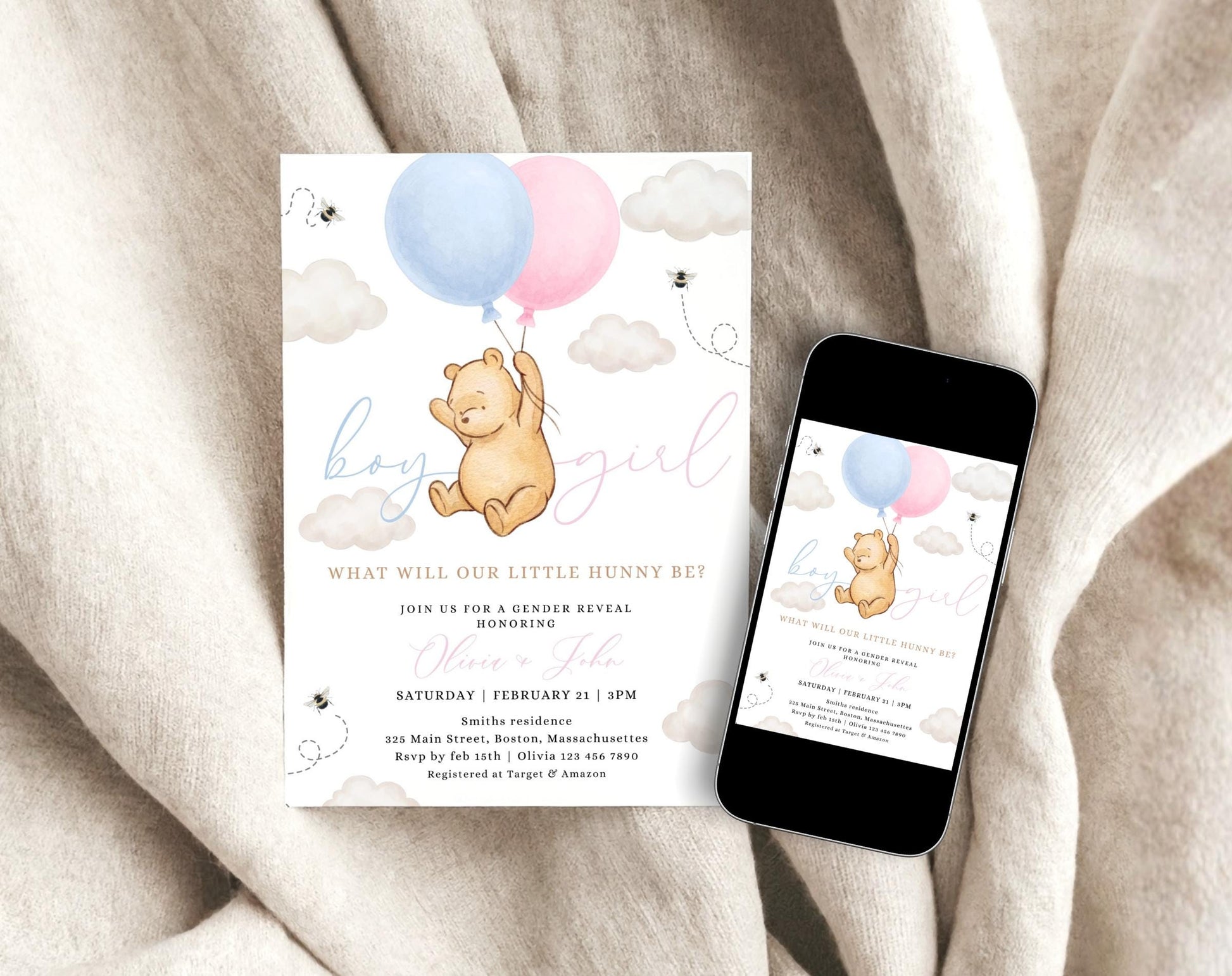Winnie the Pooh Gender Reveal Invitation for gender reveal guests and party details