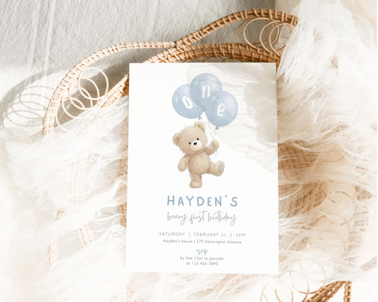 Editable Canva 1st birthday boy invite to print or send digitally