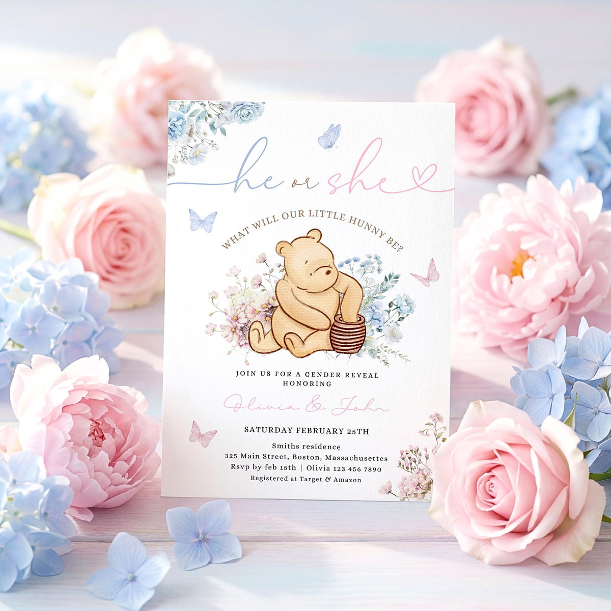 Winnie the Pooh Gender Reveal Invitation for gender reveal guests and party details