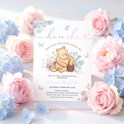Winnie the Pooh Gender Reveal Invitation for gender reveal guests and party details
