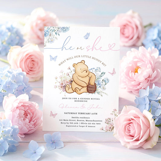 Winnie the Pooh Gender Reveal Invitation for gender reveal guests and party details