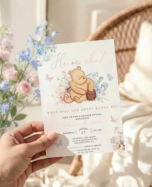 floral, blue and pink gender reveal invite for a personalized celebration