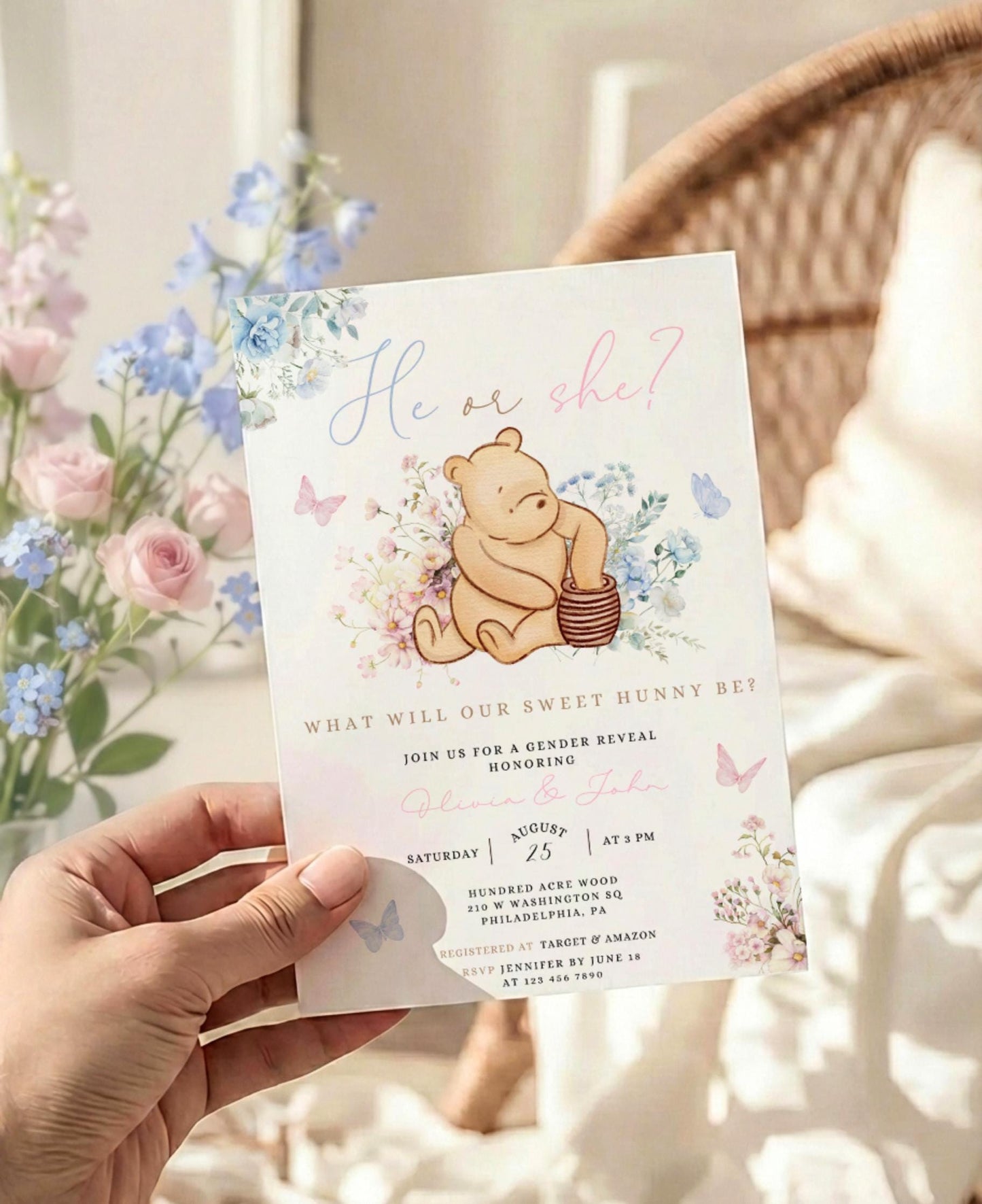 floral, blue and pink gender reveal invite for a personalized celebration