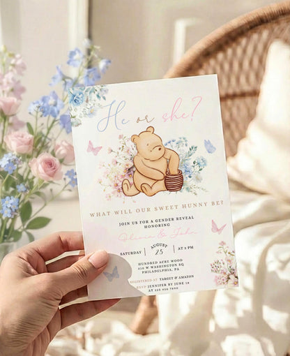 floral, blue and pink gender reveal invite for a personalized celebration