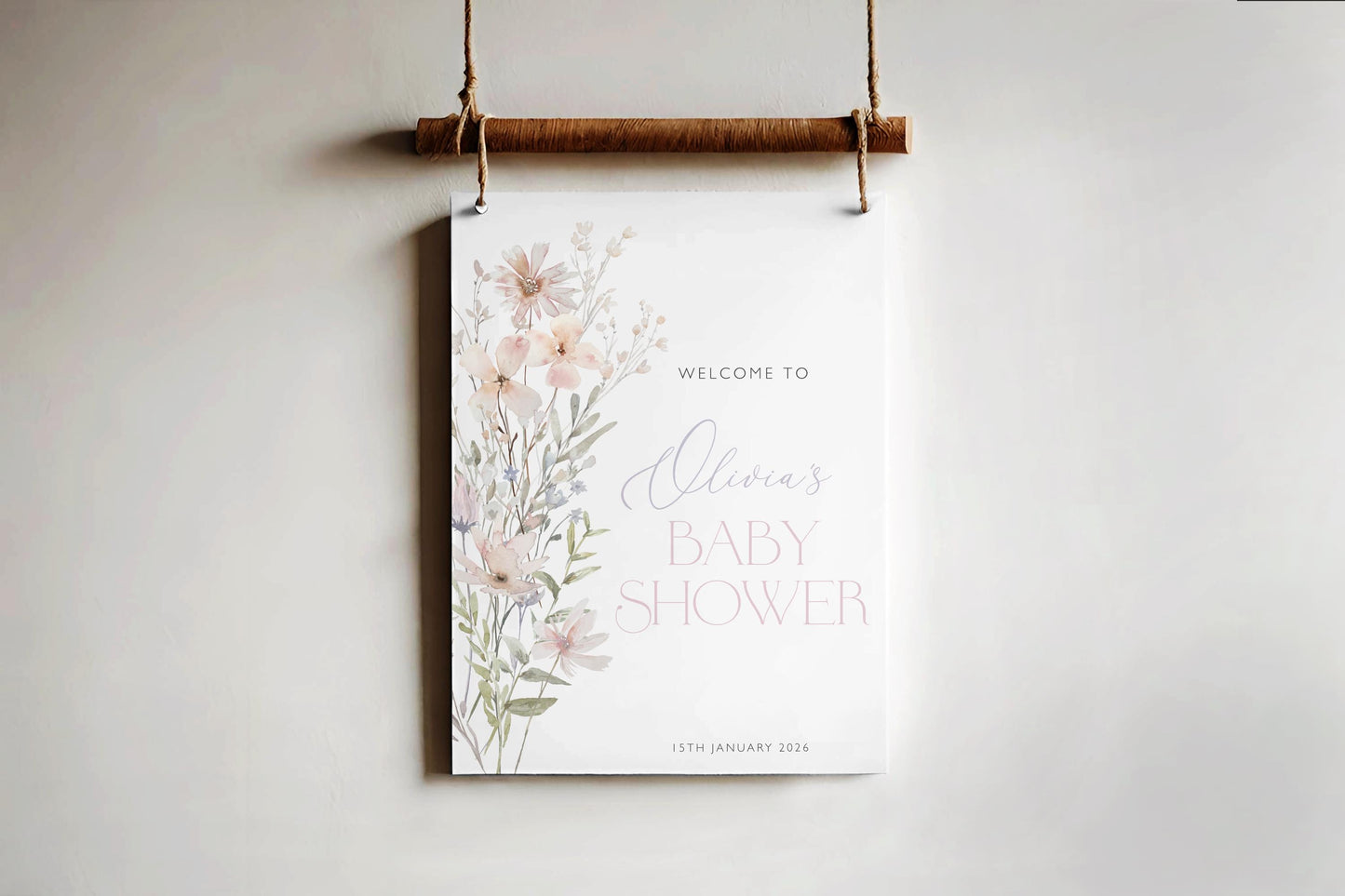 Pink wildflower baby shower sign for entrance table decor