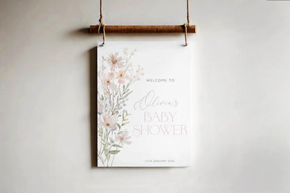 Pink wildflower baby shower sign for entrance table decor