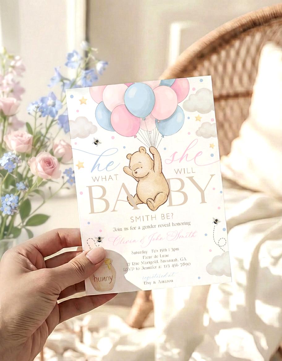 blue and pink gender reveal invite for a personalized celebration