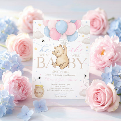 Winnie the Pooh Gender Reveal Invitation for gender reveal guests and party details