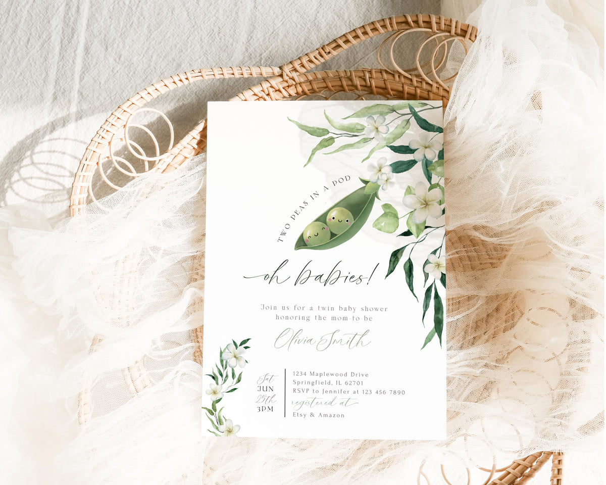 twin, neutral and green baby shower invite for a personalized celebration