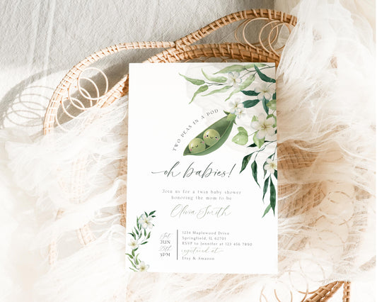 twin, neutral and green baby shower invite for a personalized celebration