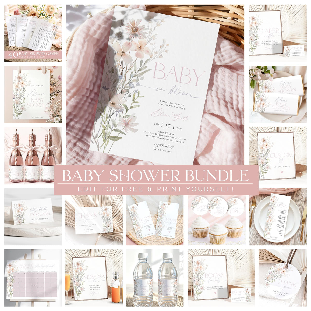 Baby in Bloom baby shower bundle with invitations games signs favors and party supplies
