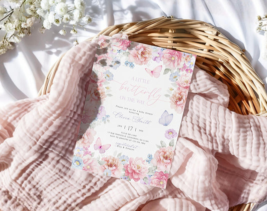 pink wildflower, floral, wildflower and pink baby shower invite for a personalized celebration