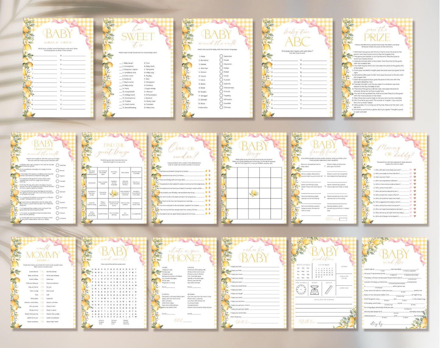 Pink Bow Main Squeeze Shower Game Bundle, editable Canva template