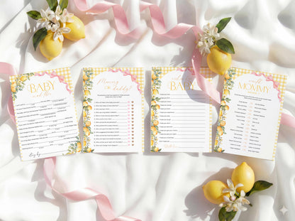 citrus, lemon, pink bow and gingham baby shower games for guest entertainment