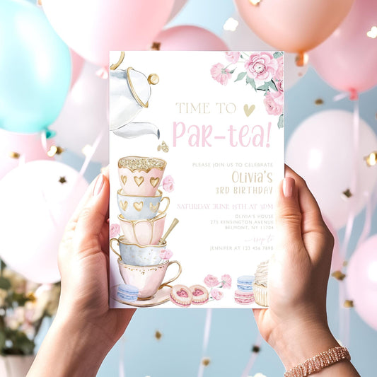 4th birthday, tea for three, tea for two, fairy tea party and pastel birthday invite for a personalized celebration