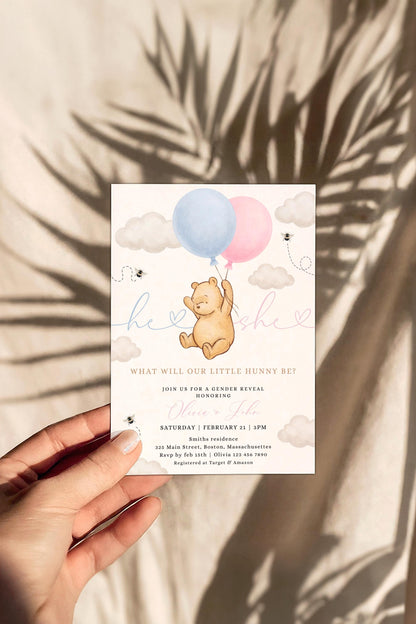 blue and pink gender reveal invite for a personalized celebration