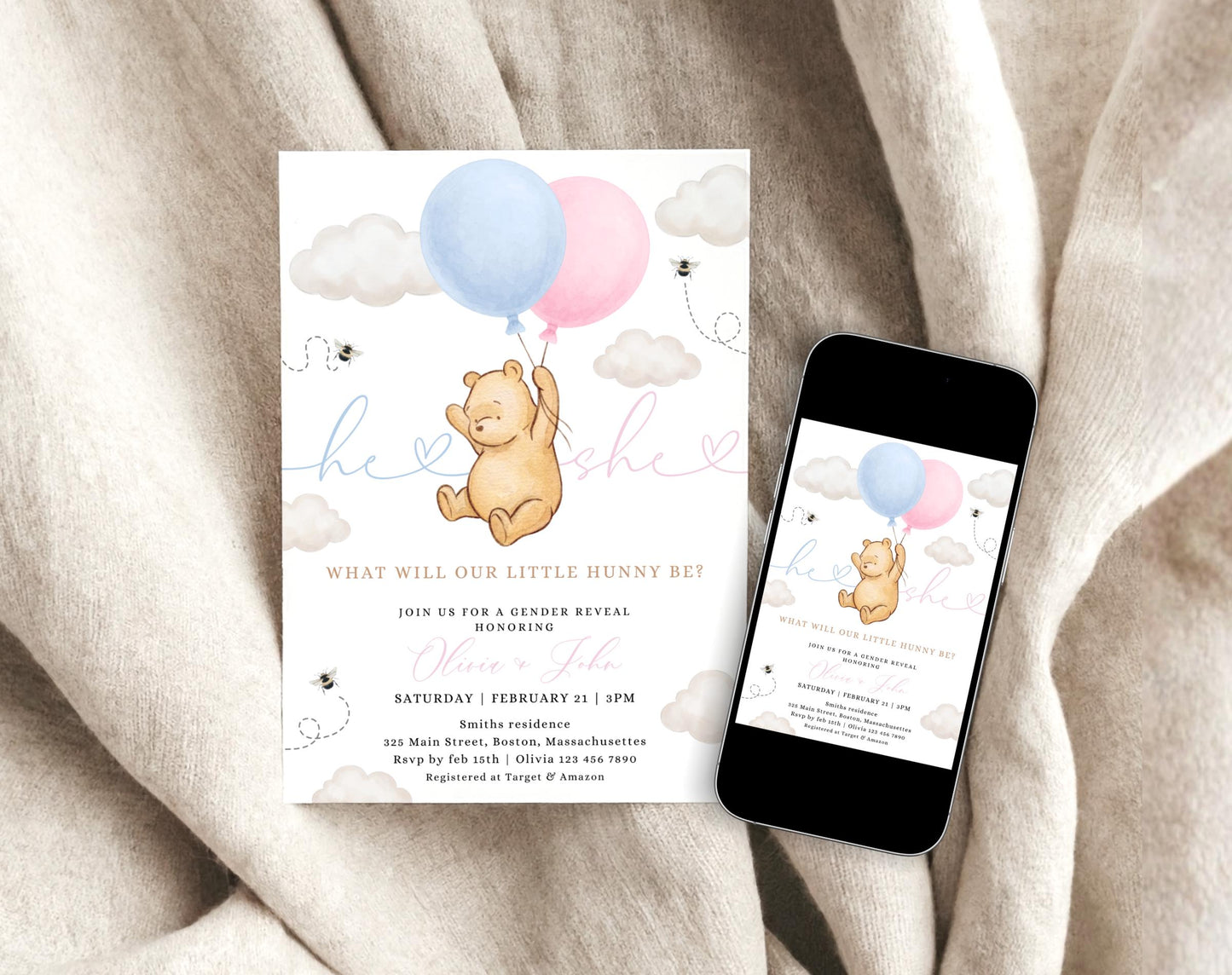 Winnie the Pooh Gender Reveal Invitation for gender reveal guests and party details
