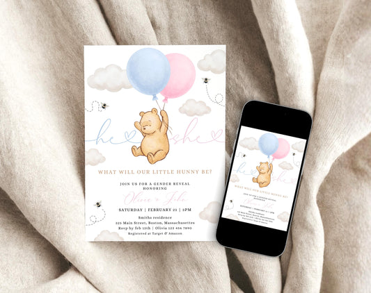Winnie the Pooh Gender Reveal Invitation for gender reveal guests and party details