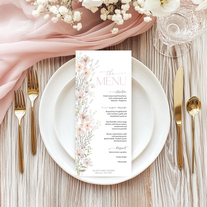 Pink wildflower Baby in Bloom baby shower menu