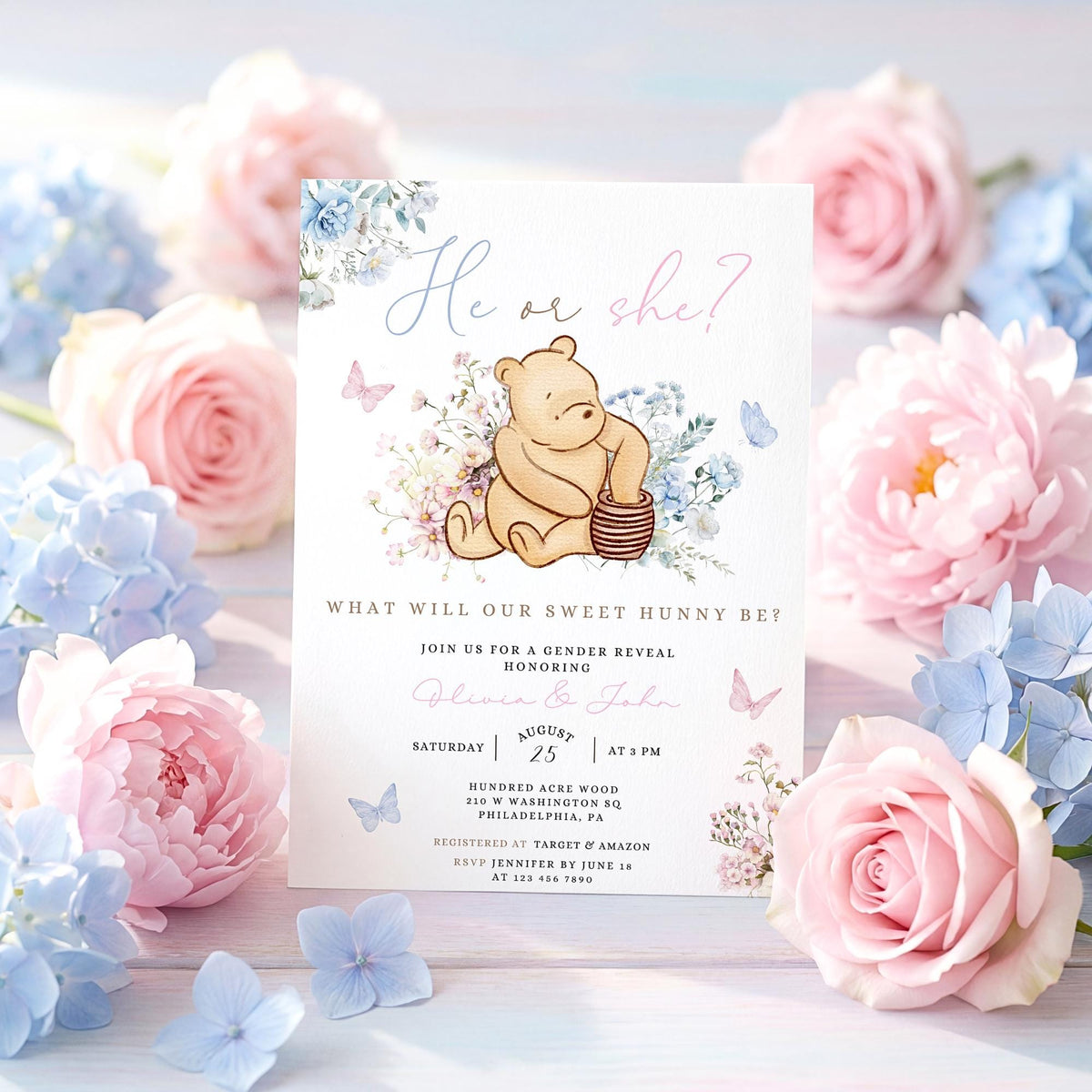 Winnie the Pooh Gender Reveal Invitation for gender reveal guests and party details