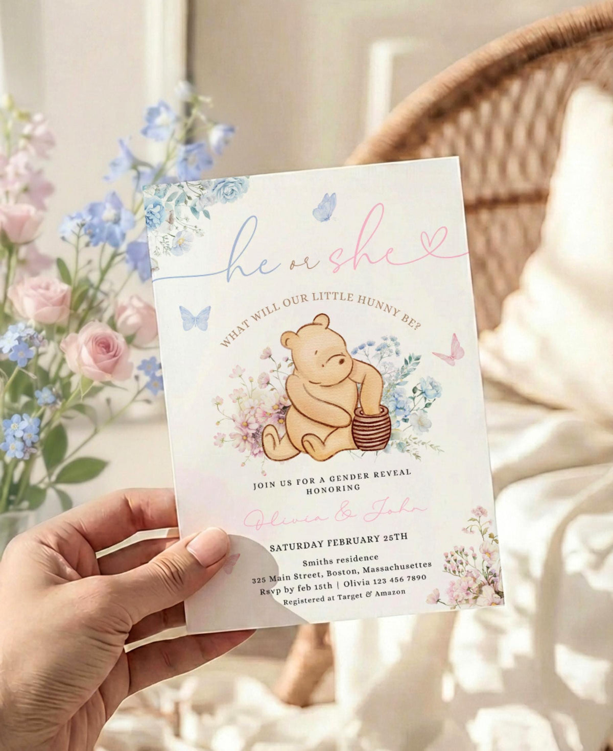 floral, blue and pink gender reveal invite for a personalized celebration