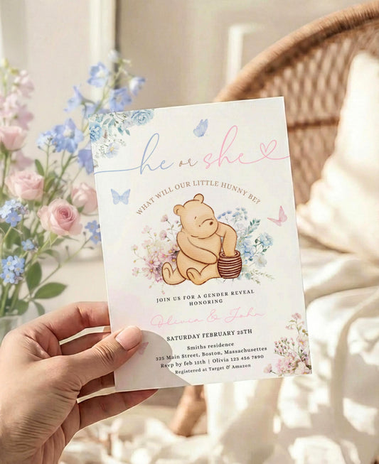 floral, blue and pink gender reveal invite for a personalized celebration