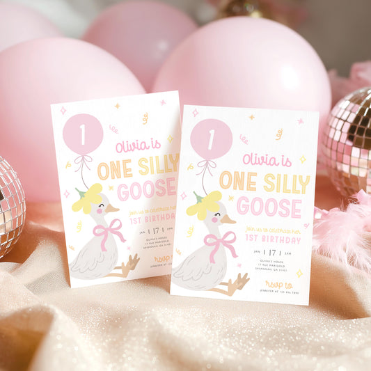 1st birthday, one silly goose, pink, goose on the loose and one year 1st birthday invite for a personalized celebration