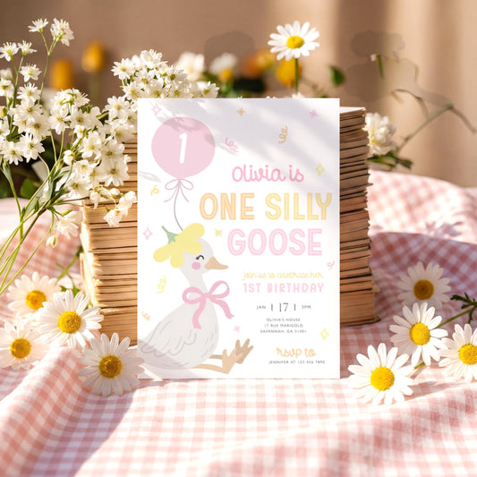 Silly Goose 1st Birthday Invitation for 1st birthday guests and party details