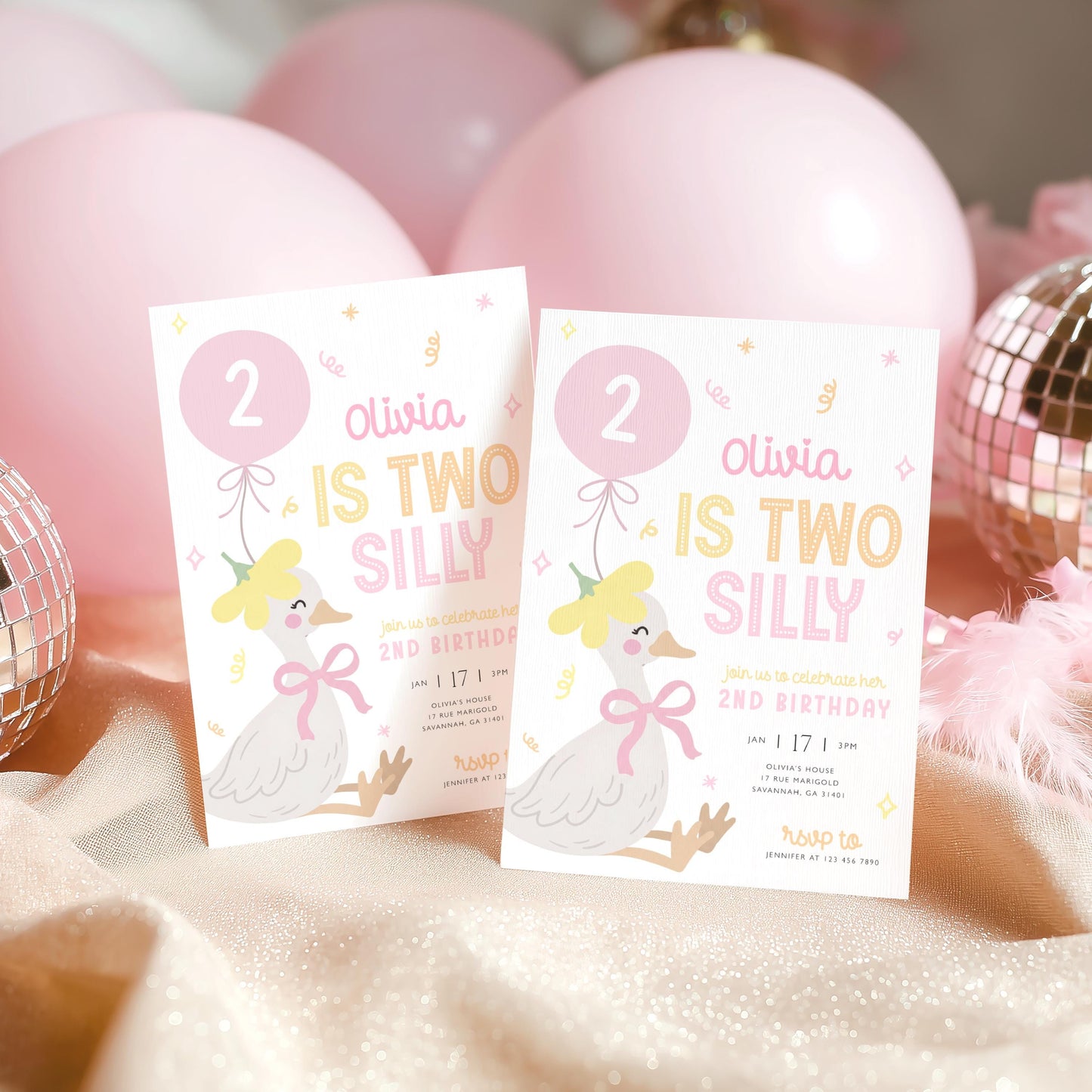 2nd birthday, goose on the loose, pink, two silly goose and two years old birthday invite for a personalized celebration