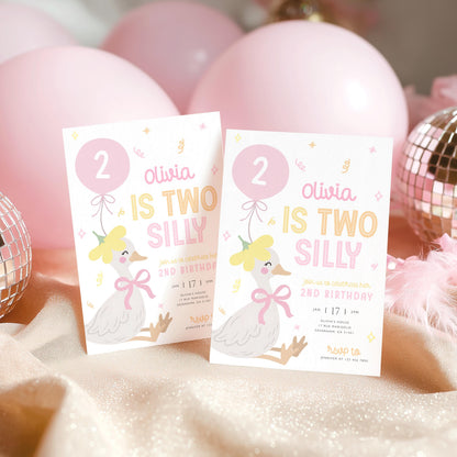 2nd birthday, goose on the loose, pink, two silly goose and two years old birthday invite for a personalized celebration