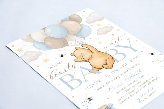 teddy bear, blue, oh boy and boho baby shower invite for a personalized celebration