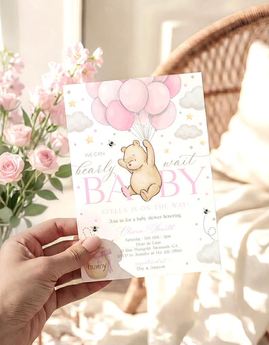 teddy bear, pink, boho and pastel baby shower invite for a personalized celebration