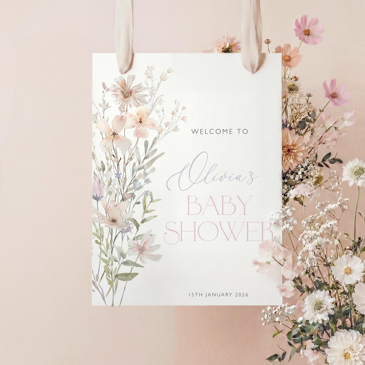 Baby in Bloom welcome sign for baby shower entrance table and backdrop decor