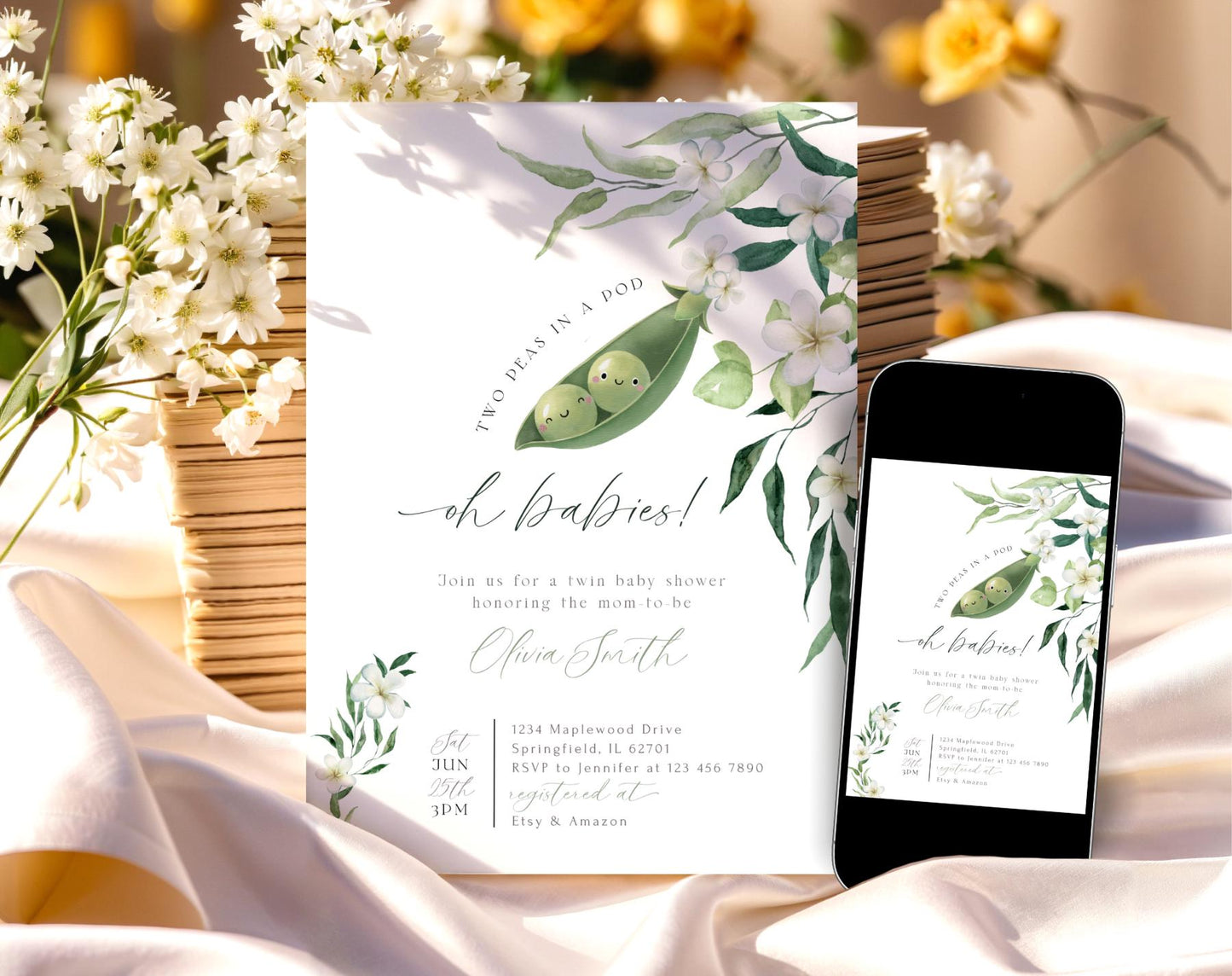 Two Peas in a Pod Baby Shower Invitation for baby shower guests and party details