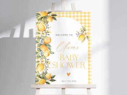 citrus, lemon, gingham and summer shower baby shower welcome sign printable for a themed celebration