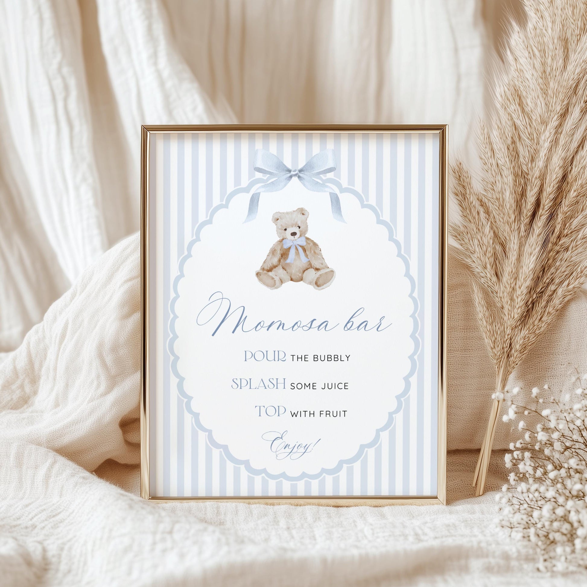 oh boy, teddy bear and blue mimosa bar sign template for a personalized baby shower