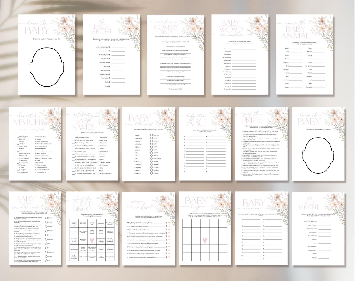 Pink Wildflower Baby Shower Game Bundle, editable Canva template