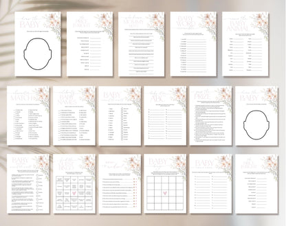 Pink Wildflower Baby Shower Game Bundle, editable Canva template