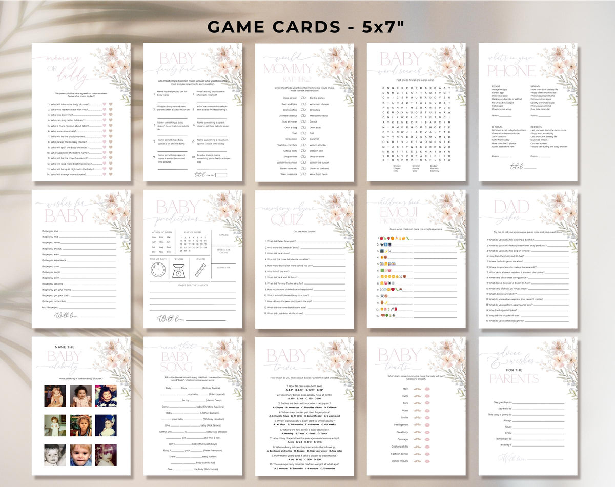 Pink Wildflower Baby Shower Game Bundle, editable Canva template